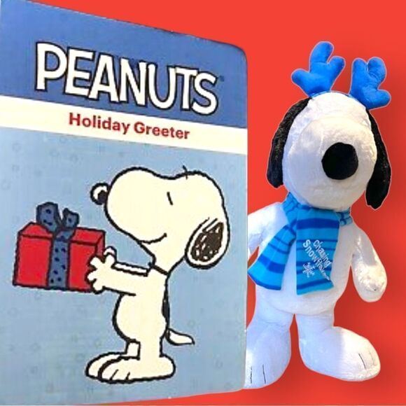 Peanuts Snoopy Chasing Snowflakes Scarf Antlers Holiday Greeter Standing Plush - Picture 1 of 16